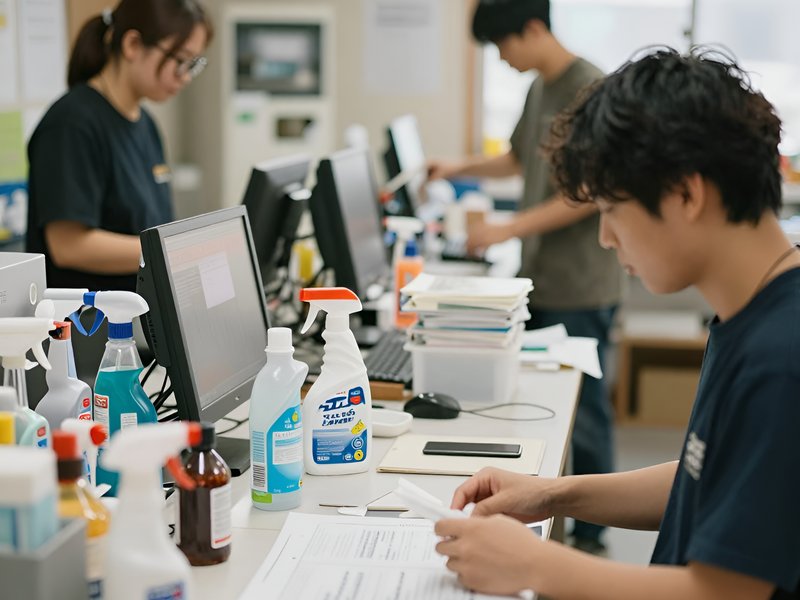 Команда сотрудников компании Neo-Japan обсуждает оптовые поставки японских пятновыводителей в светлом офисе